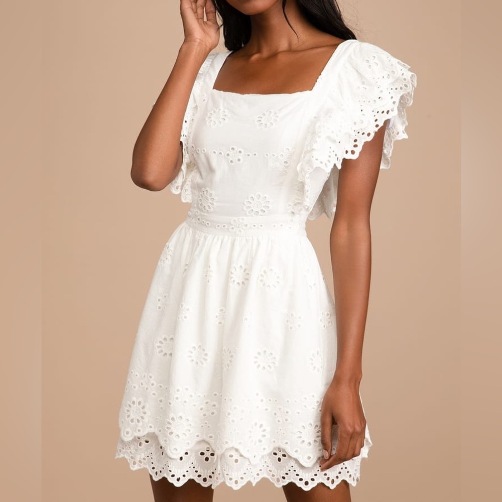 Lulus Absolutely Beautiful White Eyelet Lace Ruffled Skater Mini Dress Women’s S